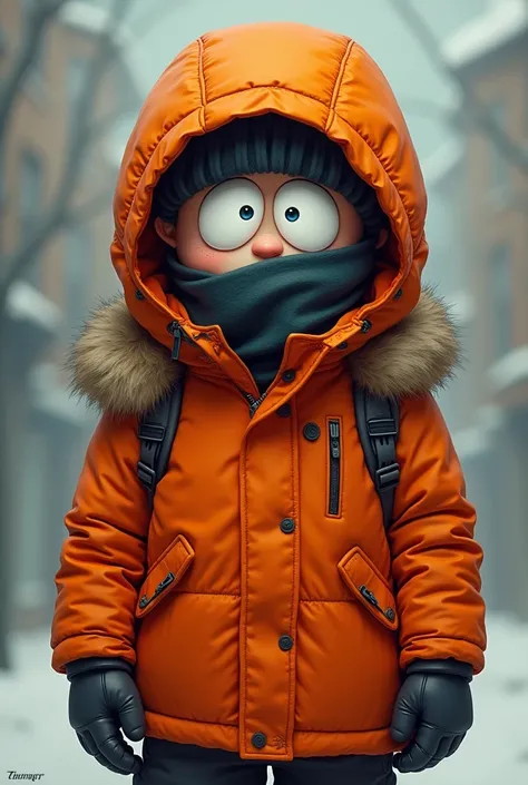 Kenny McCormick de south park con la capcuha puesta con una abrigo negro