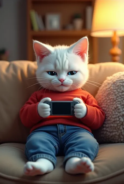 a white cat in jeans and a red shirt sitting on the sofa playing video games