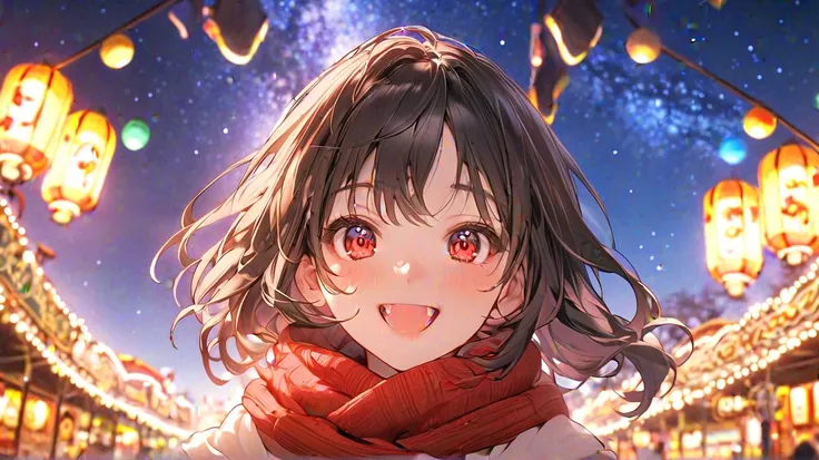 (masterpiece,  top quality), extremely   Details CG unity 8k wallpaper,  fisheye lens,  ultra-fine illustration  , (  Details_face:1.2), fisheye lens,  break 1 girl, long dark hair , warm scarf , small breasts, (Colorful expression), red eyes,  Anime Style...