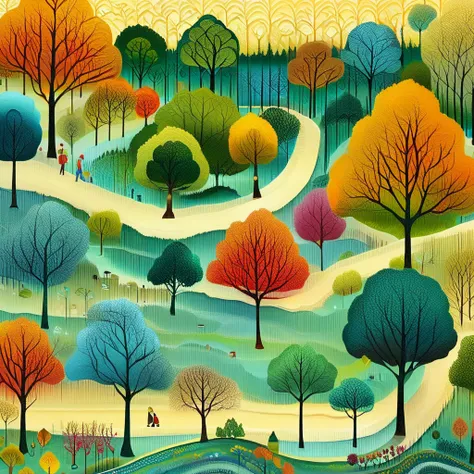 painting of a town with a lot of houses and trees, village in the woods, by Camille Bombois, jane newland, adrian borda, vdragan bibin, cottage town, by Bohumil Kubista, benjamin vnuk, by Yi Inmun, by Nadya Rusheva, tree town, townscape, city on a hillside