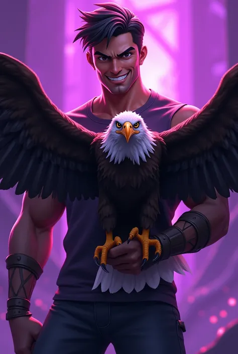 digital manhwa 3d of kaden hammond with a smirk face holding an eagke with an epic purplr background