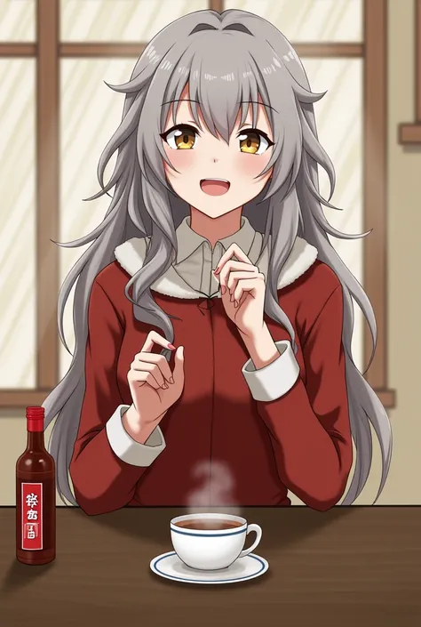  Physical Description : gray hair, curly,  long down to the shoulders .
 accessories/ details :  Always carry a bottle of tea .
 expression: Cheerful and relaxed ,  enjoying tea .
bottom: Christmas atmosphere with a steaming cup of tea.