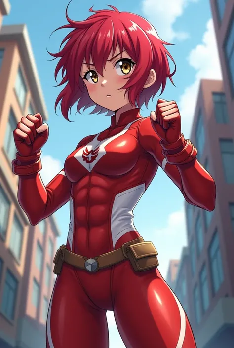 My Hero Academia Style , Anime girl, female, young female ,Full Body Shot,(fighting stance:1.3),Long hair, Red Hair,  Brown Eyes,Hero Suit, Full Body Suit, red suit with white details, perfect anatomy,  Toughened Abs,super detailed,(Buildings:1.2）