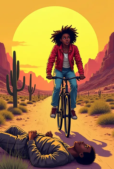 Comic, yellowish and red setting, desert, Lauren a black girl and keith the black brother ride a bike, both are teenagers , they come across a crazy homeless guy laying beside the dirt road, riding in the direction of Los Angeles
