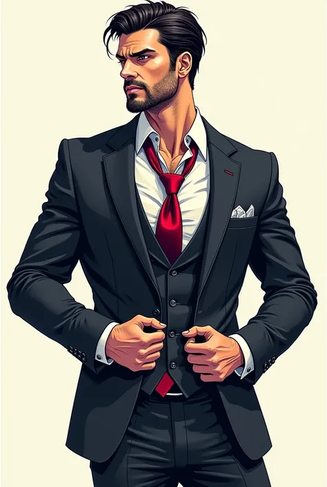 Hot handsome vampire with short hair and beard taking off his full suit colored line art clean ART BY SAFEER water Mark on it


