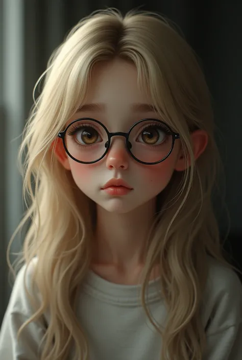 a girl with round shaped glasses has a stoic expression blonde hair brown eyes and normal clothings. Teenage girl
