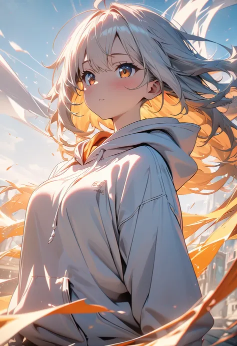 top quality, masterpiece,  high definition , 8k, Anime style girl with hoodie ,  One Girl , Detailed line drawing,  bright white and light amber style, Digital Enhancement,  close, Anime Core, Flowing fabric