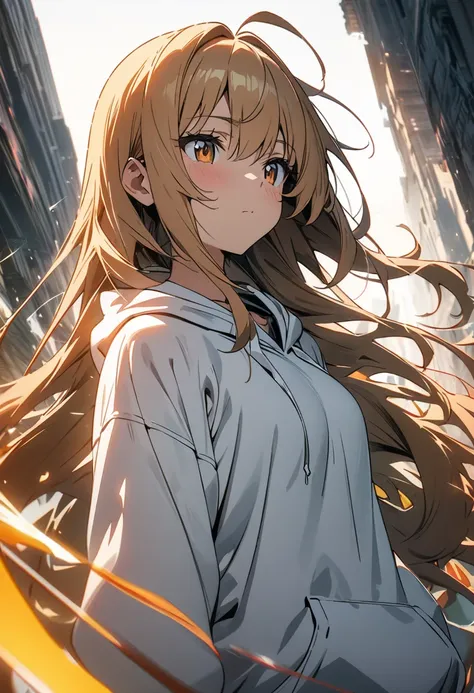 top quality, masterpiece,  high definition , 8k, Anime style girl with hoodie ,  One Girl , Detailed line drawing,  bright white and light amber style, Digital Enhancement,  close, Anime Core, Flowing fabric