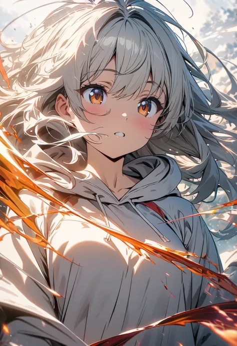 top quality, masterpiece,  high definition , 8k, Anime style girl with hoodie ,  One Girl , Detailed line drawing,  bright white and light amber style, Digital Enhancement,  close, Anime Core, Flowing fabric