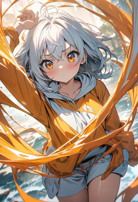 top quality, masterpiece,  high definition , 8k, Anime style girl with hoodie ,  One Girl , Detailed line drawing,  bright white and light amber style, Digital Enhancement,  close, Anime Core, Flowing fabric