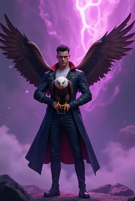 digital manhwa 3d of kaden hammond with a smirk face holding an eagle with an epic purple background smoke