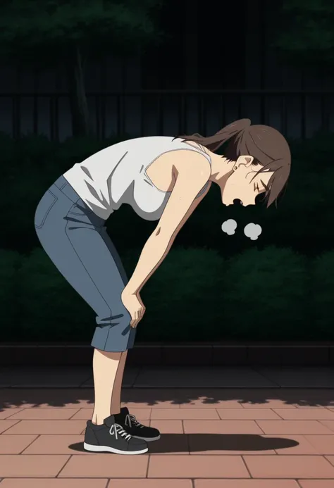 1girl,solo,mari,mature female,brown hair,brown eyes,ponytail,earrings,anime coloring,
tank top,full body,, outside
,masterpiece,best quality,amazing quality, tired expression, out of breath, sweaty, open mouth, hands on knees bending over pose, side view, ...