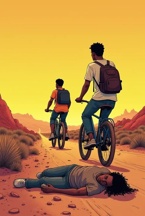 Comic, yellowish and red setting, desert, Lauren a black girl and keith the black brother ride a bike, both are teenagers , they come across a crazy homeless guy (third character) laying beside the dirt road, riding in the direction of Los Angeles
