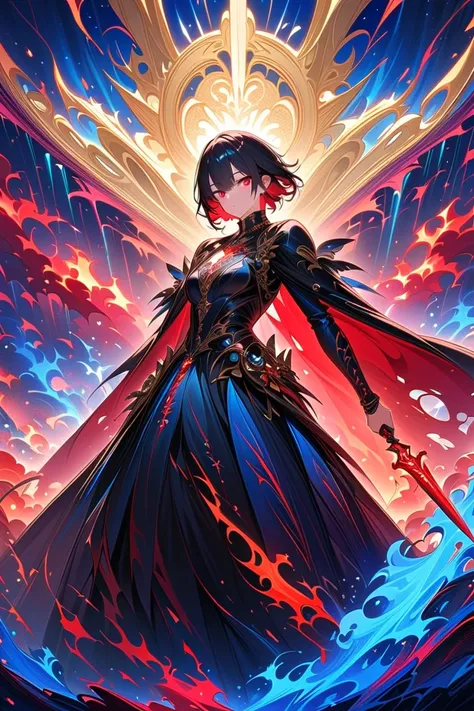 1boy ,,face not visible,black Gothic dress,black hair ,(holding red shiny scale Dagger ,standing,front,(black blue fire flying in profusion),Rain of fire ,many fire,innumerable magic aura blue ,fire floating in the air,Art Deco,Color Field painting,style,,...