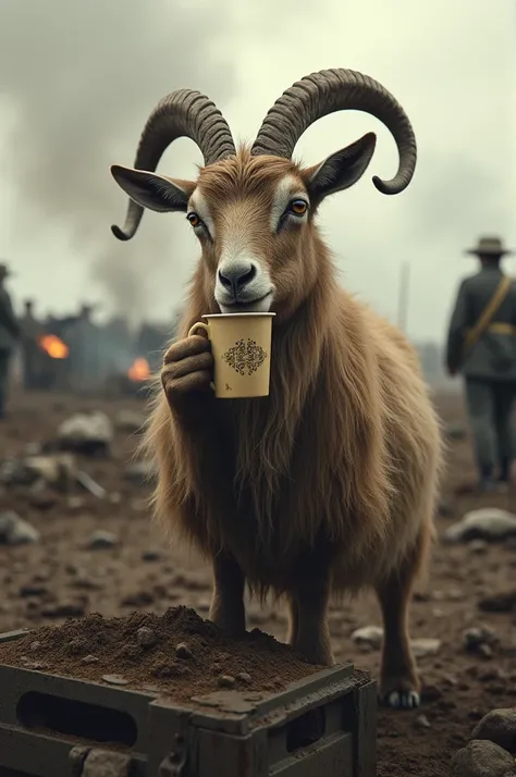 A goat drinking coffee on a battlefield in 1900