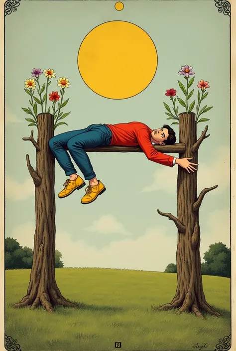 Masterpiece of color, realism, rough tarot aesthetic, vintage line art tarot aesthetic. A young man is face down (tied by his right foot to a post in the shape of a crossbar ((in turn the crossbar is supported by two trunks that are pillars on the mans sid...