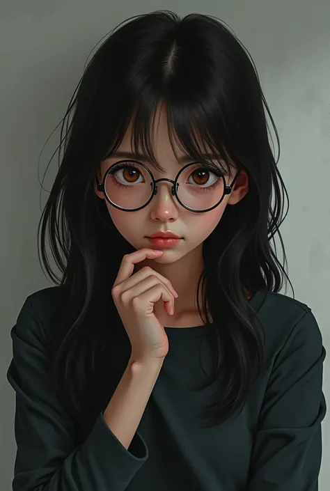 a girl with round shaped glasses has a stoic expression long blackish hair brown eyes and normal and dark clothings. Teenage girl
