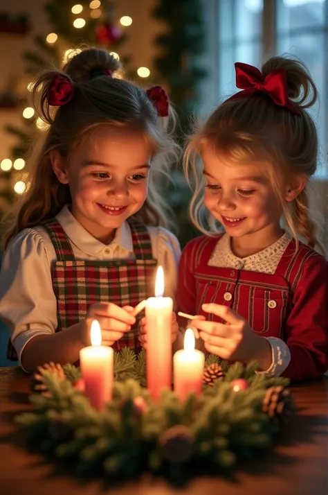 Two girls lighting advent candles wearing retro christmas outfits