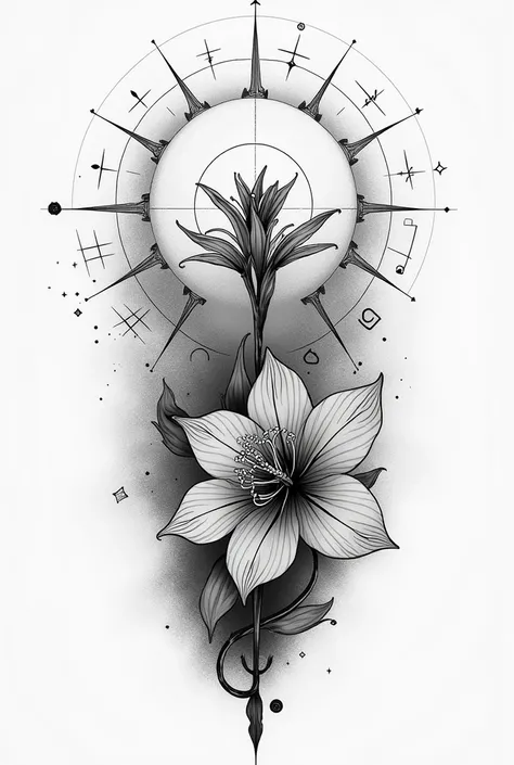 Aquarius constellation tattoo with air element urban planet and Saturn orchid flower 