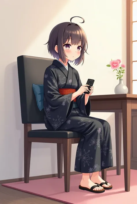 An anime-style illustration of a teenage girl sitting on a dining chair and backrest upholstered in black leather with wooden legs.She wears a black yukata flowers and getas ,  while holding a black television remote control in her hands .  The background ...