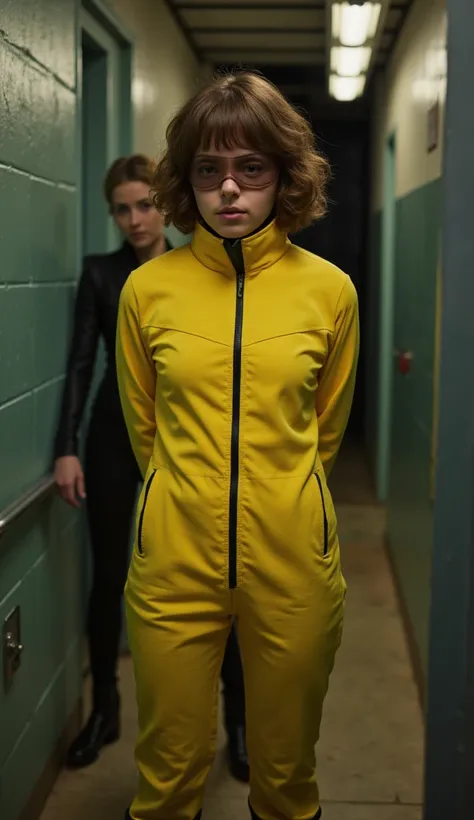 a french girl  with short curly brown hair and fringe haircut, arrested in jail. shes wearing a zipped yellow prison jumpsuit, green Hunter rubber boot, she has a leather blindfold on her eyes a leather mask on her mouth, her hands are cuffed behind her ba...