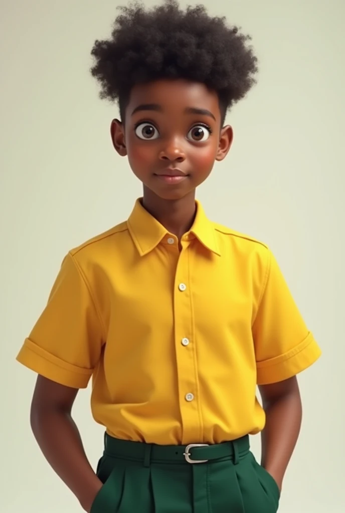 Black-skinned  dressed in school uniform, yellow shirt and dark green pants 