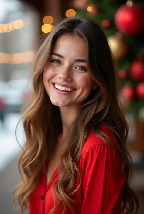   a fair-skinned woman with long brown hair   .   She is dressed as a red outfit in a beautiful Christmas mood with cute decorations.   She smiles and looks at the viewer  . Its a splendid day  .  photorealism .  photograph.HD model,  letters.