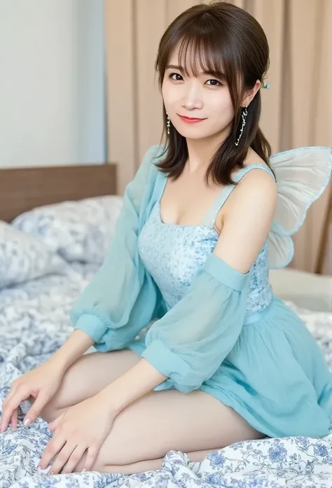 There is a woman with  fairy  wings sitting on the bed,  fairy  tale aesthetics, beautiful adult  fairy , beautiful  fairy , portrait of a  fairy , beautiful  fairy ,  blue hair,  fairy  core, ethereal  fairy  tale, beautiful  fairy , portrait of a  fairy ...