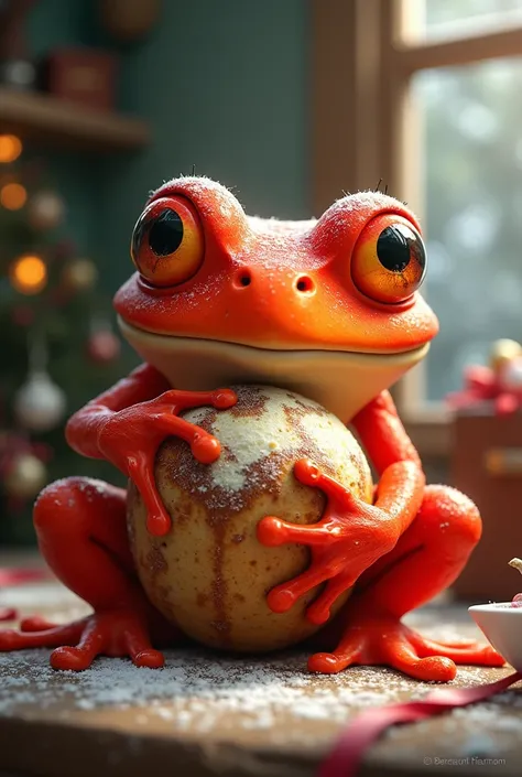 Create red frog that eats panettone 