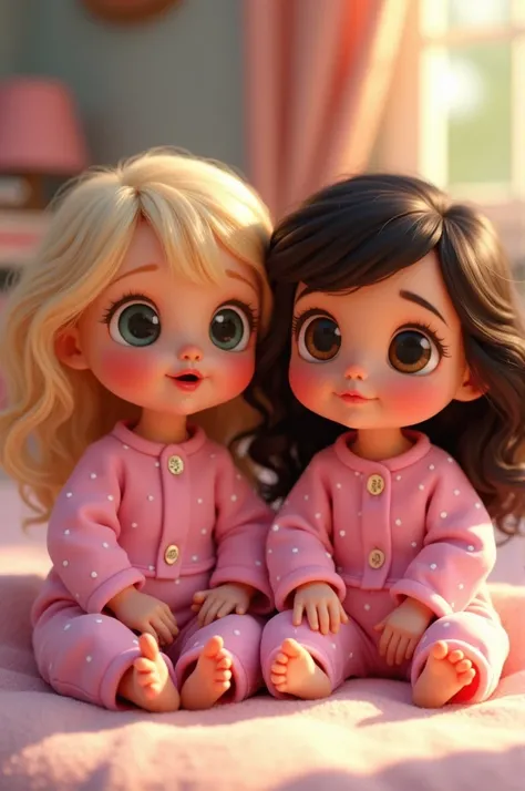  Create a pixar drawing with two dolls a blonde and a brunette, dressed in pink pajamas with white polka dots  