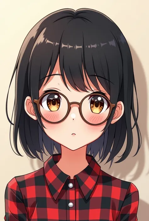 2000’s moe anime style girl
she has black hair and brown eyes
she is wearing glasses
she is wearing shirts with gingham check pattern which is red and black color 