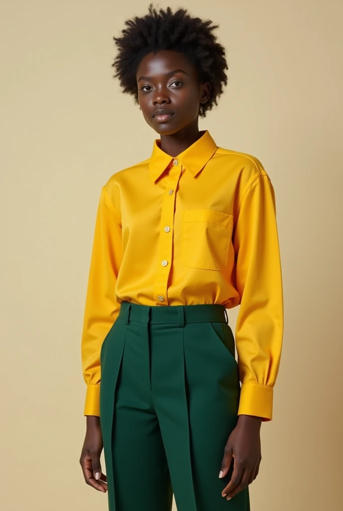 Black-skinned  dressed in school uniform clothing, yellow shirt and dark green pants for advertising 