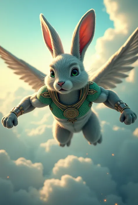 A superhero rabbit flying in the sky