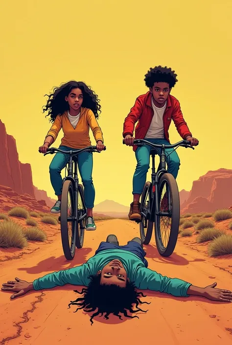 Comic, yellowish and red setting, desert, Lauren a black girl and keith the black brother ride teo bikes, both are teenagers , they come across a crazy homeless guy (third character guy) laying beside the dirt road, riding in the direction of Los Angeles
