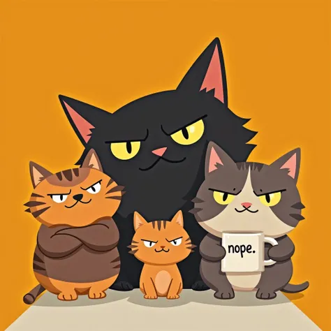 Three cartoon cats are arranged horizontally against a plain white background.  The cat on the left is orange with darker orange stripes, and appears to be overweight with its arms crossed. The middle cat is a similar orange tabby color. The cat on the rig...