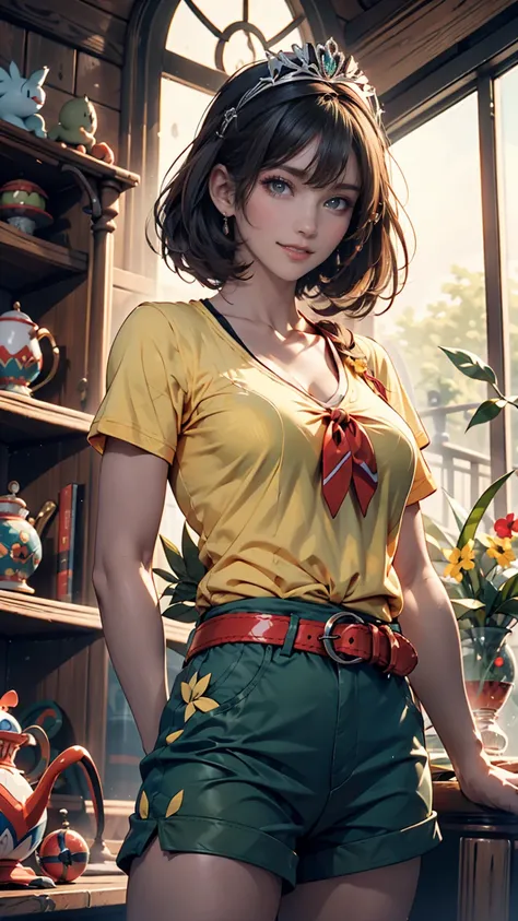 masterpiece,  top quality,  high definition , Quiet 1,  1 girl, Quiet 1,  1 girl, Quiet ( Pokémon), Alone,  gray eyes,  black hair, green  shorts,  red tiara,  shirt, tied  shirt,,  short hair, Short sleeve,  shorts,  stripe , yellow  shirt, belt, middle c...