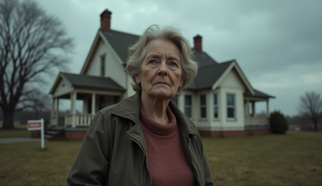 Create an image of Mary standing outside her old house for the last time, a real estate sign in the yard, her expression a mix of melancholy and acceptance under a cloudy sky, shot with a Nikon Z7 II, wide-angle lens, soft earthy tones, aspect ratio 16:9