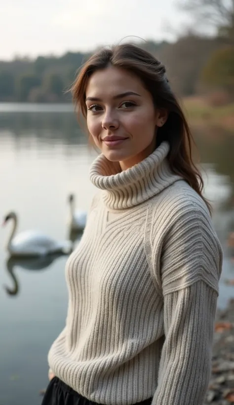 A 37-year-old woman posing besideA lake with swans, wearingA high-neck sweater