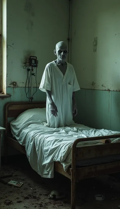 A ghostly figure in a hospital gown stands at the foot of a rusted, old bed in a room filled with decaying medical equipment. The figure is gaunt, with thin, gray skin, and its eyes are dark voids that seem to pierce the soul. The room is littered with for...