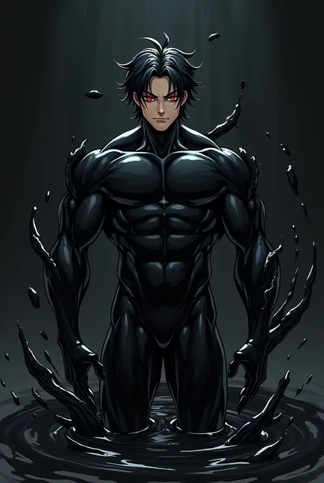 anime character: anime handsome．High image quality. Muscular, Handsome man in a tight black latex suit handsome.asia handsome．black hair．red eye．The background is black,A black liquid with a high amount of mucus that clings to the body. ．A black liquid wit...