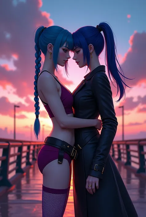 On the iconic Piltover Bridge, beneath a dramatic sky that alternates between the vibrant hues of a sunset and the cool calm of a starry night, two women are captured in a deeply intimate moment.

The first woman is slender, with bright blue hair with a la...