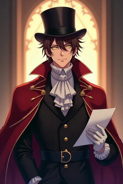 A grown adult man, with brown shoulder-lenght not very well arranged hair, bright gold foxy-formed eyes, smile on his face. He is dressed in an official senate cloak and 18th century top hat on his head. He gives a vibe of mysterious, but funny showman. He...