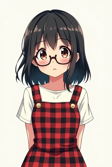 heisei moe anime style girl
she has black hair and brown eyes
she is wearing glasses
she is wearing shirts with gingham check pattern which is red and black color 
background color is white