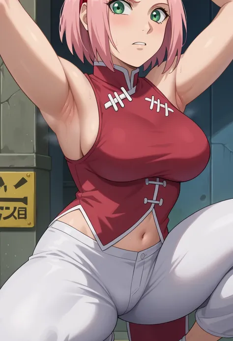 score_9, score_8_アップ, score_7_アップ, ソース_أنيمي, أنيمي screencap,,nsfw,haruno sakura,sakura,green eyes ,pink hair, short hair,, red sleeveless dress, navel, large breasts, white pants,In a dimly lit alley ,Armpit,Armpit wrinkles,Armpit smell,Armpit juice,Arms...