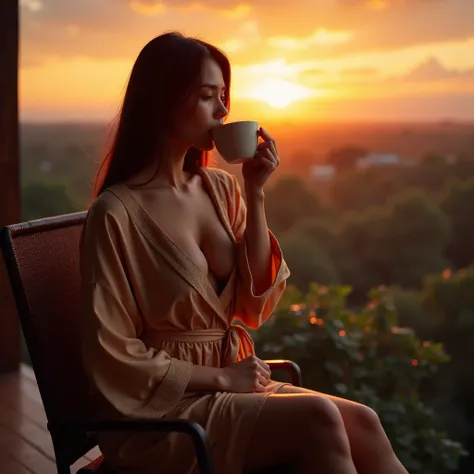 
sexy girl, indonesian, long straight hair, side swept hair style, huge breast, fit body, curvy body, naked, covered by robe, sit in balcony, drinking coffee, majestic sunset, far view photoshot