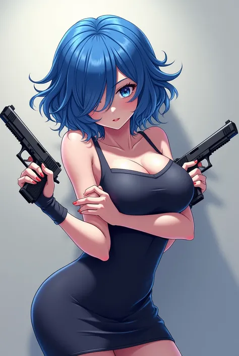 Blue haired anime with squats, short hair, big boobs dress, big boobs, holding a pistol in one hand, holding a pistol in one hand, holding a hand gun, holding herself in front of herself, long hair curled in front of her face