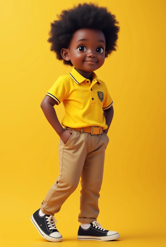 Black-skinned  dressed in school uniform clothing, yellow shirt and light brown pants for advertising 