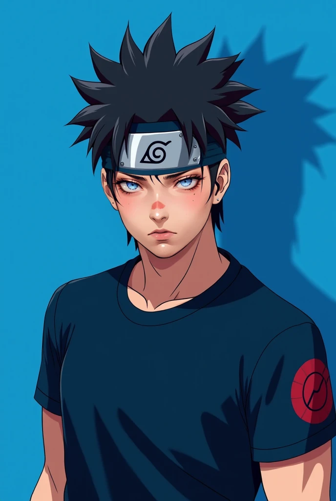  Handsome guy with thick hair wearing a dark t-shirt ,  on his forehead he has a naruto anime headband with konoha symbols, blue background 