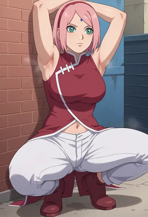 score_9, score_8_アップ, score_7_アップ, ソース_أنيمي, أنيمي screencap,,nsfw,haruno sakura,sakura,green eyes ,pink hair, short hair,, red sleeveless dress, navel, large breasts, white pants,In a dimly lit alley ,Armpit,Armpit wrinkles,Armpit smell,Armpit juice,Arms...