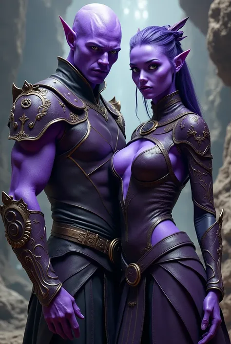   Humanoid man and woman , purple skin all over the body ,  in fantasy leather armor looks at the viewer,  full body view 